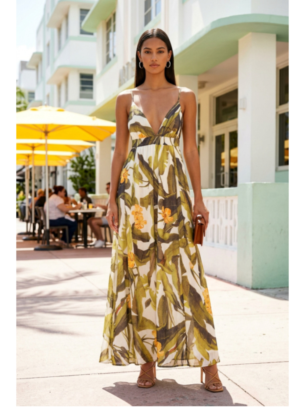 Fashion Nova Maxi Dress Size L Tropical Palm Green White Floral Resort Wear
